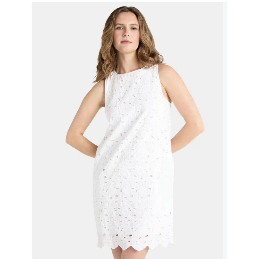 Time and Tru Women's S White Cotton Eyelet Shift Dress Sleeveless Scallop Hem